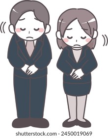 Illustration of a man and a woman in suits bowing and apologizing