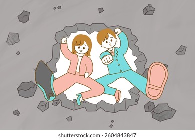 Illustration of a man and woman in suits kicking through a wall and coming towards us. Image of breaking a wall