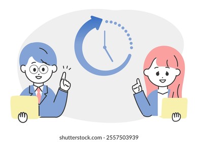 
Illustration of a man and a woman in suits saving time