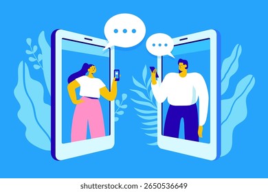 Ilustração de um homem e uma mulher conversando através de smartphones, de pé dentro de telas móveis digitais, apresentando diálogo virtual e interação social.