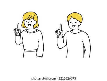 Illustration of a man and a woman with their index fingers up Simple line person illustrations
