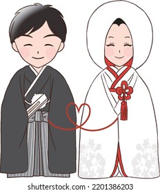 Illustration of a man and woman tied with a red thread of fate