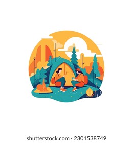 illustration of Man and woman traveling in mountains and forest with backpacks cooking on fire, sitting, sleeping in tent. 