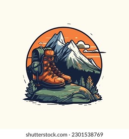 illustration of Man and woman traveling in mountains and forest with backpacks cooking on fire, sitting, sleeping in tent. 