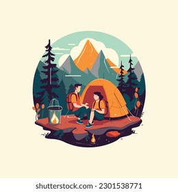 illustration of Man and woman traveling in mountains and forest with backpacks cooking on fire, sitting, sleeping in tent. 