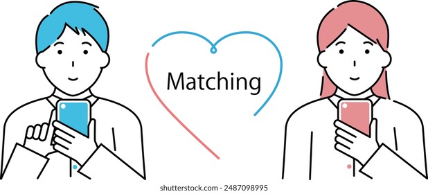Illustration of man and woman using matching app on smartphone