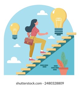  Illustration Man or Woman, Walk on Stairs, Getting New Idea