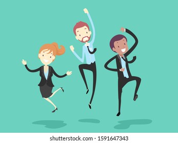 Illustration of Man and Woman Wearing Business Attire and Jumping Up in the Air as Victory Pose