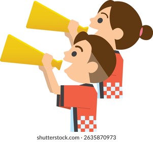 Illustration of a man and woman wearing happi coats shouting into a megaphone
