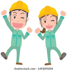 illustration of man and woman wearing helmet and work clothes