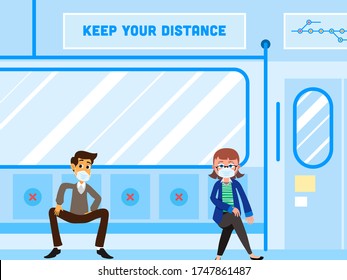 Illustration of Man and Woman wearing Medical Mask at Train Keep Distance to Prevent the Spread of Coronavirus (Covid-19).