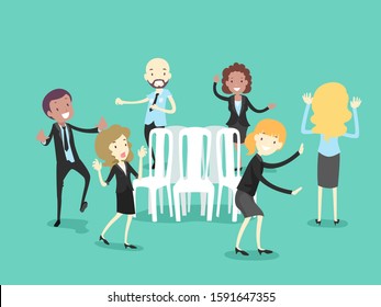 Illustration of Man and Woman Wearing Office Attire and Playing a Trip to Jerusalem Office Game by Dancing Around a Group of Chairs