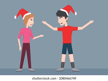 An illustration of a man and woman wearing Santa Claus hat