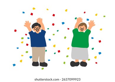 Illustration of a man and woman who are overjoyed with a hurray in the midst of confetti