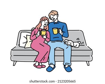 An illustration of a man and a woman who wake up.Couples, couples, cohabitation, morning, coffee, newlyweds, happiness, marriage.