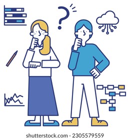 It is an illustration of a man and a woman who work as data scientists.