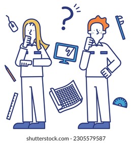 It is an illustration of a man and a woman who work as mechanical designers.