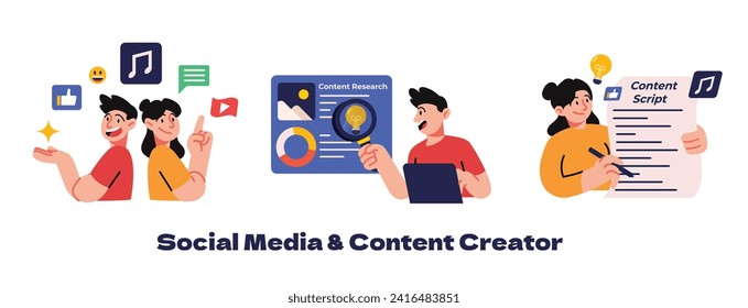 Illustration of a man and women content creator making a good content, analyze content, research trending content, writing script, collaborating, and earning money from social media