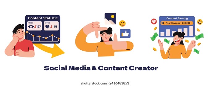 Illustration of a man and women content creator making a good content, analyze content, research trending content, writing script, collaborating, and earning money from social media