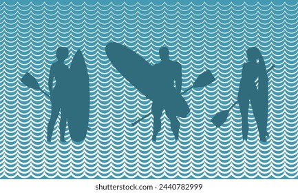 Illustration of man and women posing with surfboard. Cartoon style water surface. Stand up paddle boarding