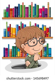 Illustration of a man wondering inside the hole with books at the back on a white background 