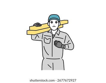 Illustration of a man in work clothes carrying lumber
