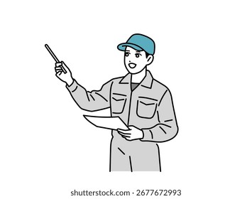 Ilustración de un hombre en ropa de trabajo dando una presentación