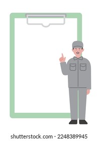 Illustration of a man in work clothes pointing and a binder