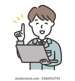 Illustration of a man in work clothes and tie holding a computer and giving directions.