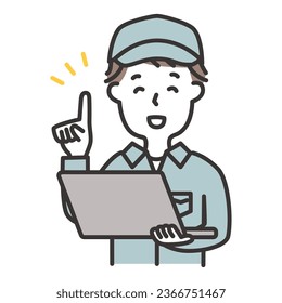 Illustration of a man in work clothes wearing a hat holding a computer and giving directions.