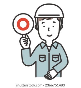 Illustration of a man in work clothes wearing a helmet giving the correct tag.