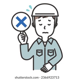 Illustration of a man in work clothes wearing a helmet giving incorrect tags.
