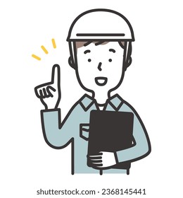 Illustration of a man in work clothes wearing a helmet holding a binder and explaining