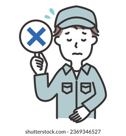 Illustration of a man in work clothes wearing a hat giving out incorrect tags.