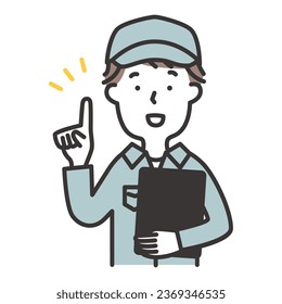 Illustration of a man in work clothes wearing a hat holding a binder and giving an explanation.