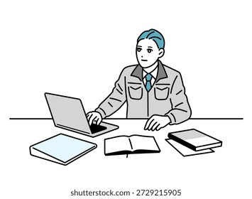 Illustration of a man in work clothes working at a desk