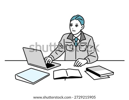 Illustration of a man in work clothes working at a desk