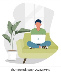 illustration of a man working with a computer while sitting on the couch. Work from home. Flat vector illustration