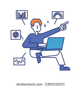 It is an illustration of a man working in the data analysis profession.