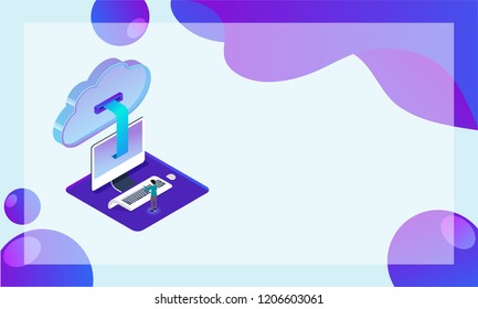 Illustration of man working with desktop connected cloud server on abstract background for data sharing and cloud storage concept.