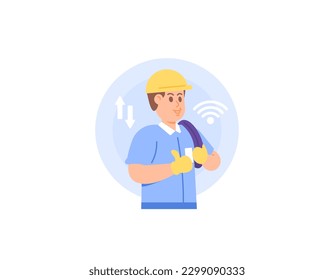 Illustration of a man working as a fiber optic technician. carry fiber optic cable. field or outdoor workers. communication, internet, network. occupation or profession. Illustration character design