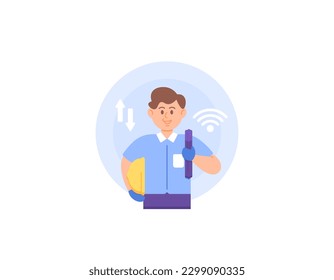 Illustration of a man working as a fiber optic technician. carry fiber optic cable. field or outdoor workers. communication, internet, network. occupation or profession. Illustration character design