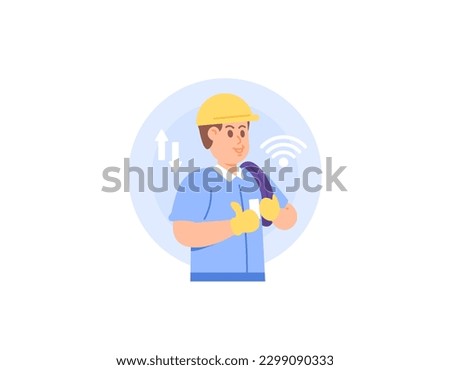 Illustration of a man working as a fiber optic technician. carry fiber optic cable. field or outdoor workers. communication, internet, network. occupation or profession. Illustration character design