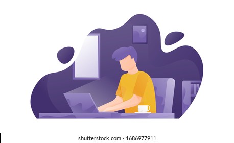 illustration of a man working at home at night using his laptop. illustration of a freelance worker, graphic designer, writer, programmer, full stack developer, or office worker. flat design