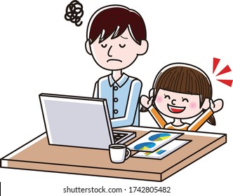 Illustration of man working from home while child making noise