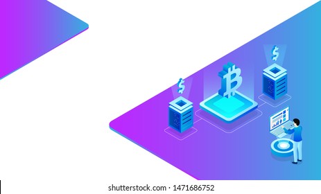 Illustration von Menschen, die in Laptops mit Kryptoserver auf abstraktem Hintergrund für Virtual Currency Exchange Concept basiert auf isometrischem Design. 