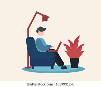 illustration of man working with a laptop on his sofa at home, simple picture. fit for social media, illustration, business and others