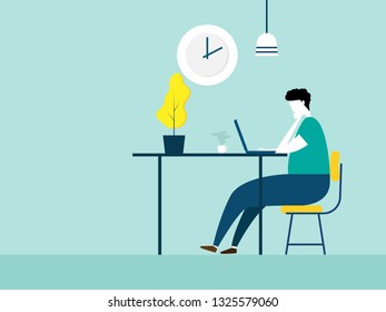 illustration of man working with laptop vector cartoon flat design
