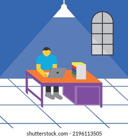 Illustration of a man working late at night doing office work with several stacks of books and the light of a night lamp.