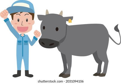 Illustration of a man working in the livestock industry and a black beef cattle